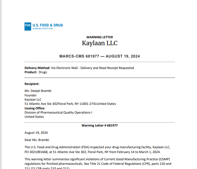إدارة الغذاء والدواء الأمريكية FDA تتخذ إجراءات صارمة ضد شركة Kaylaan LLC: تحديد انتهاكات جسيمة لممارسات التصنيع الجيد (GMP)