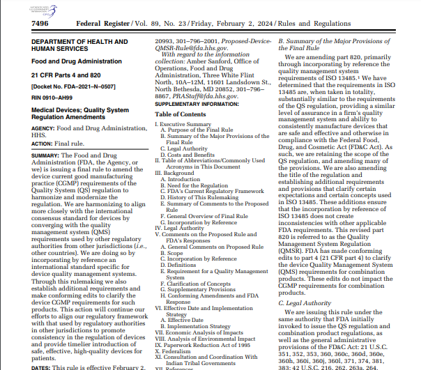 قانون إدارة نظام الجودة الصادر عن إدارة الغذاء والدواء (FDA): القاعدة النهائية لتعديل لائحة نظام الجودة